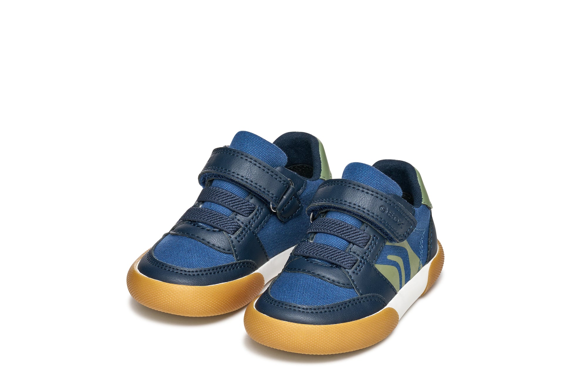 A boys casual shoe by Geox, style Gisli Boy in navy/olive with velcro strap and elastic laces with olive green pattern on side. View of pair