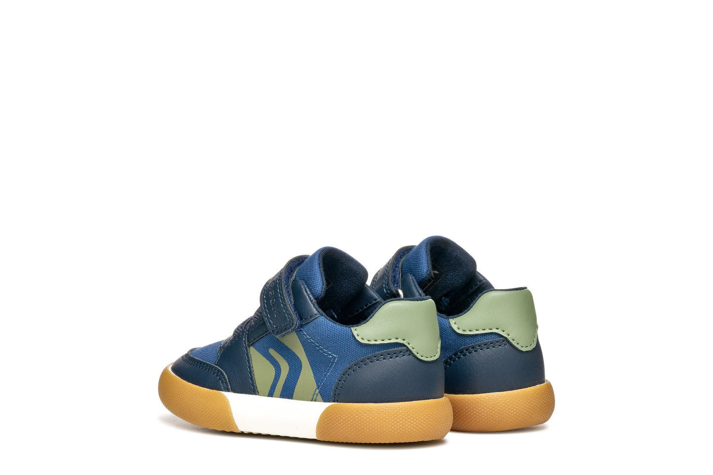 A boys casual shoe by Geox, style Gisli Boy in navy/olive with velcro strap and elastic laces with olive green pattern on side. Back view of pair