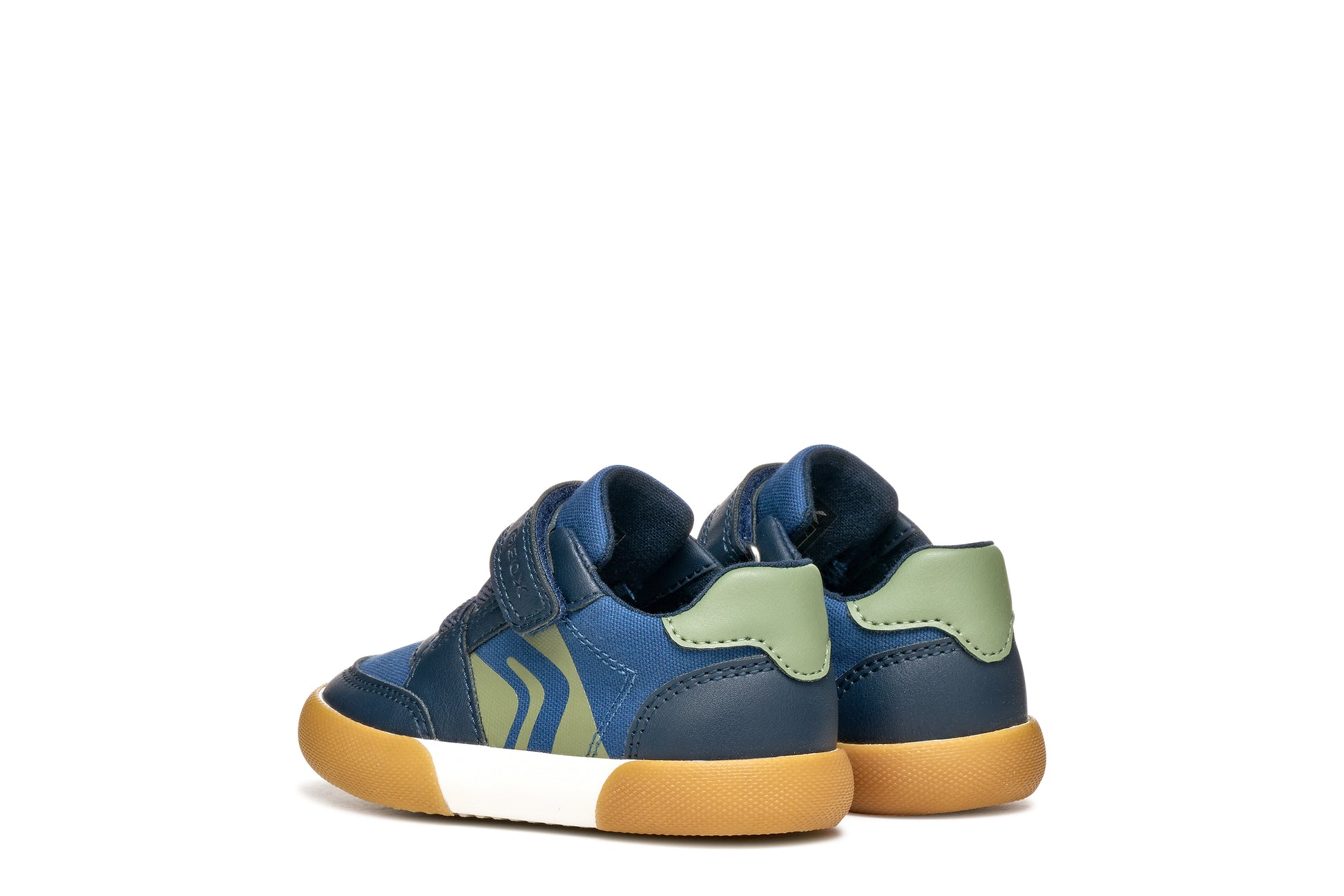 A boys casual shoe by Geox, style Gisli Boy in navy/olive with velcro strap and elastic laces with olive green pattern on side. Back view of pair