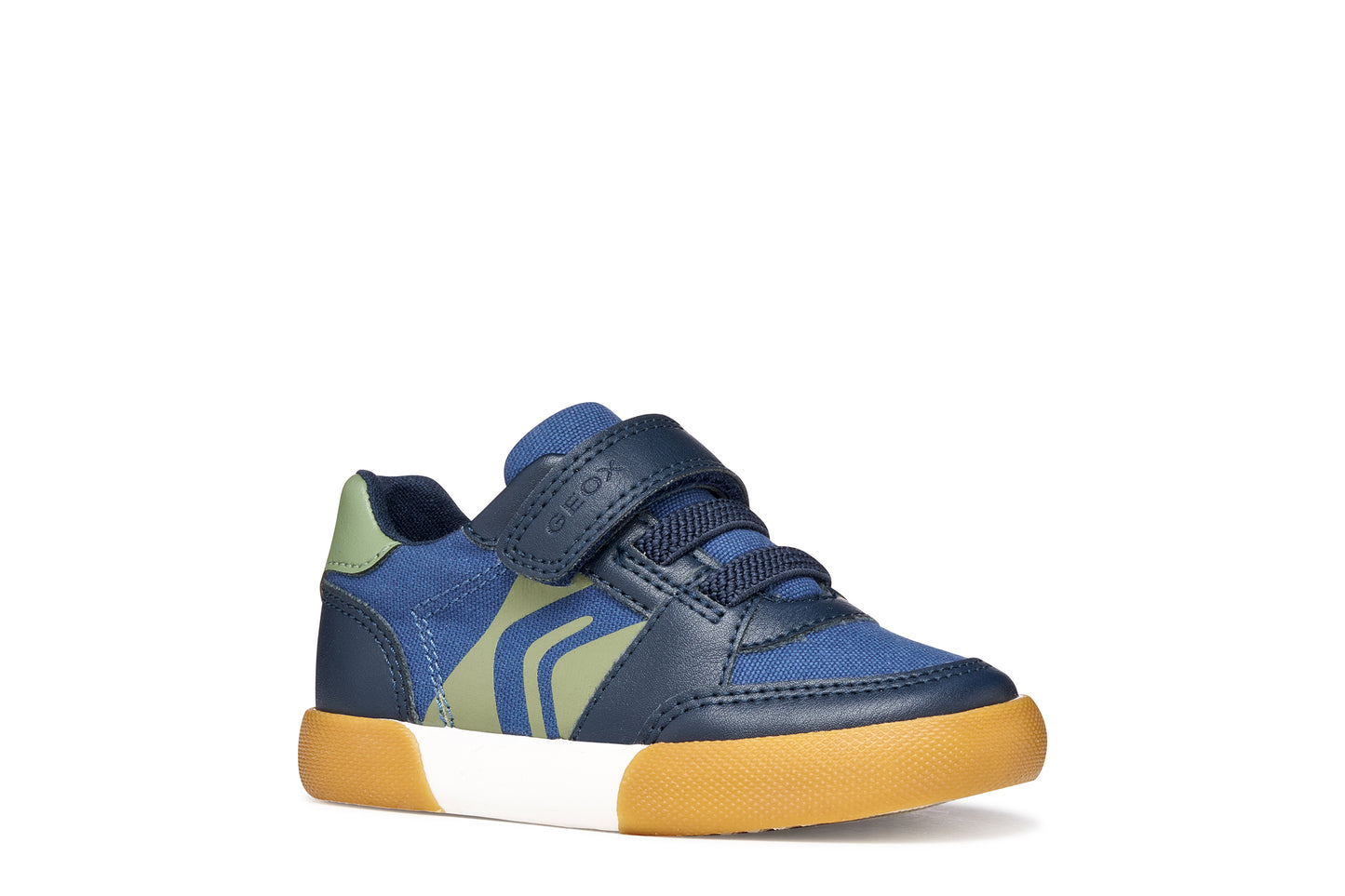 A boys casual shoe by Geox, style Gisli Boy in navy/olive with velcro strap and elastic laces with olive green pattern on side. Right side view