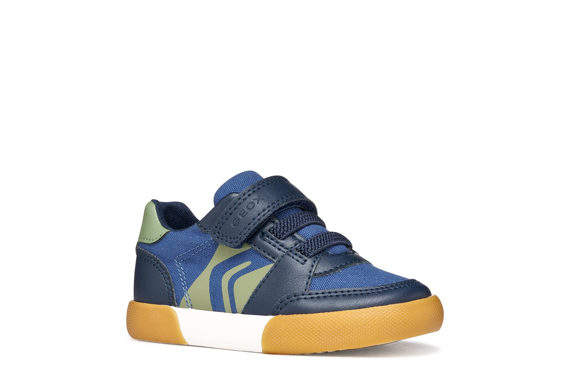 A boys casual shoe by Geox, style Gisli Boy in navy/olive with velcro strap and elastic laces with olive green pattern on side. Right side view