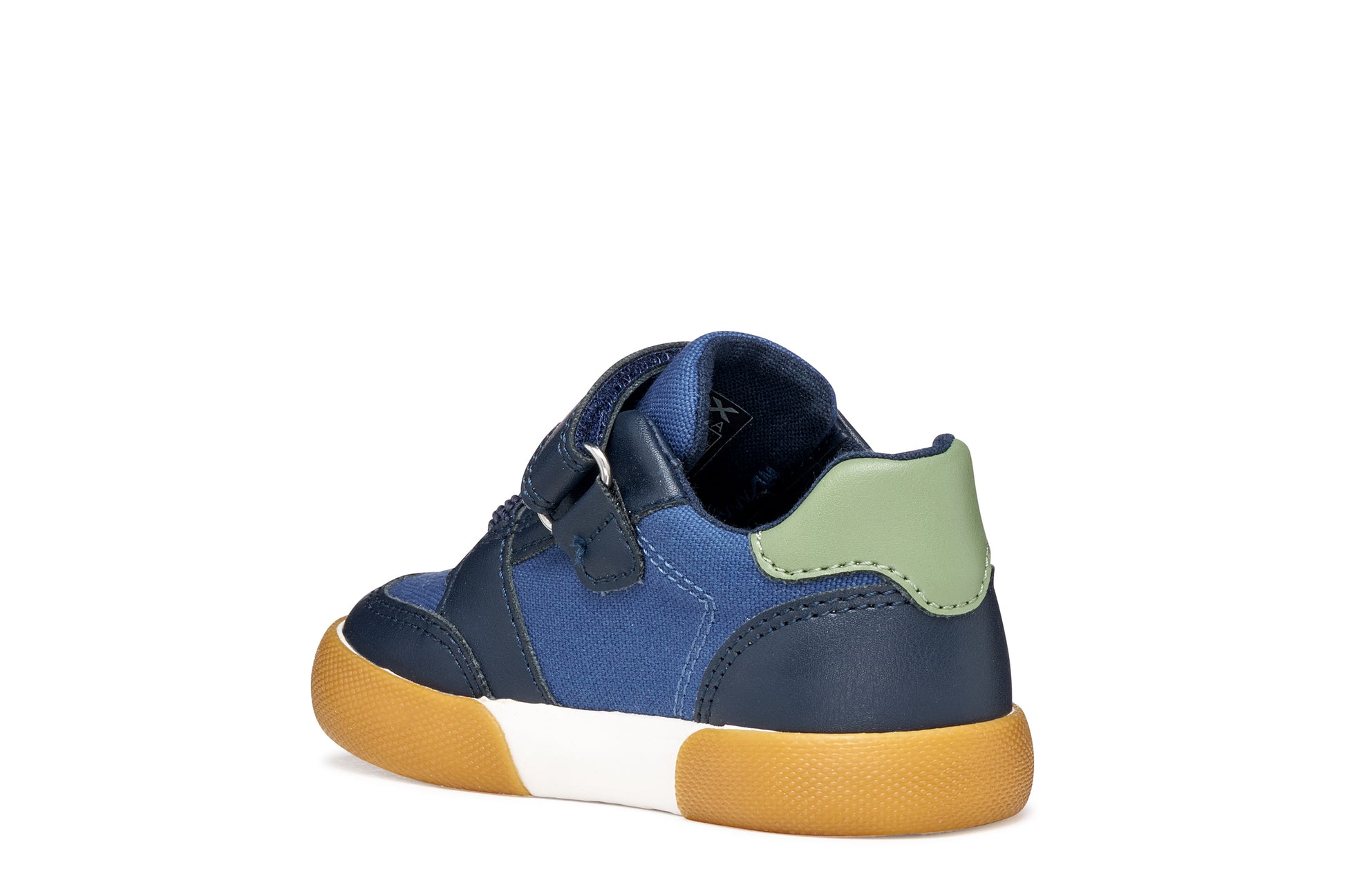A boys casual shoe by Geox, style Gisli Boy in navy/olive with velcro strap and elastic laces with olive green pattern on side. Inner back view