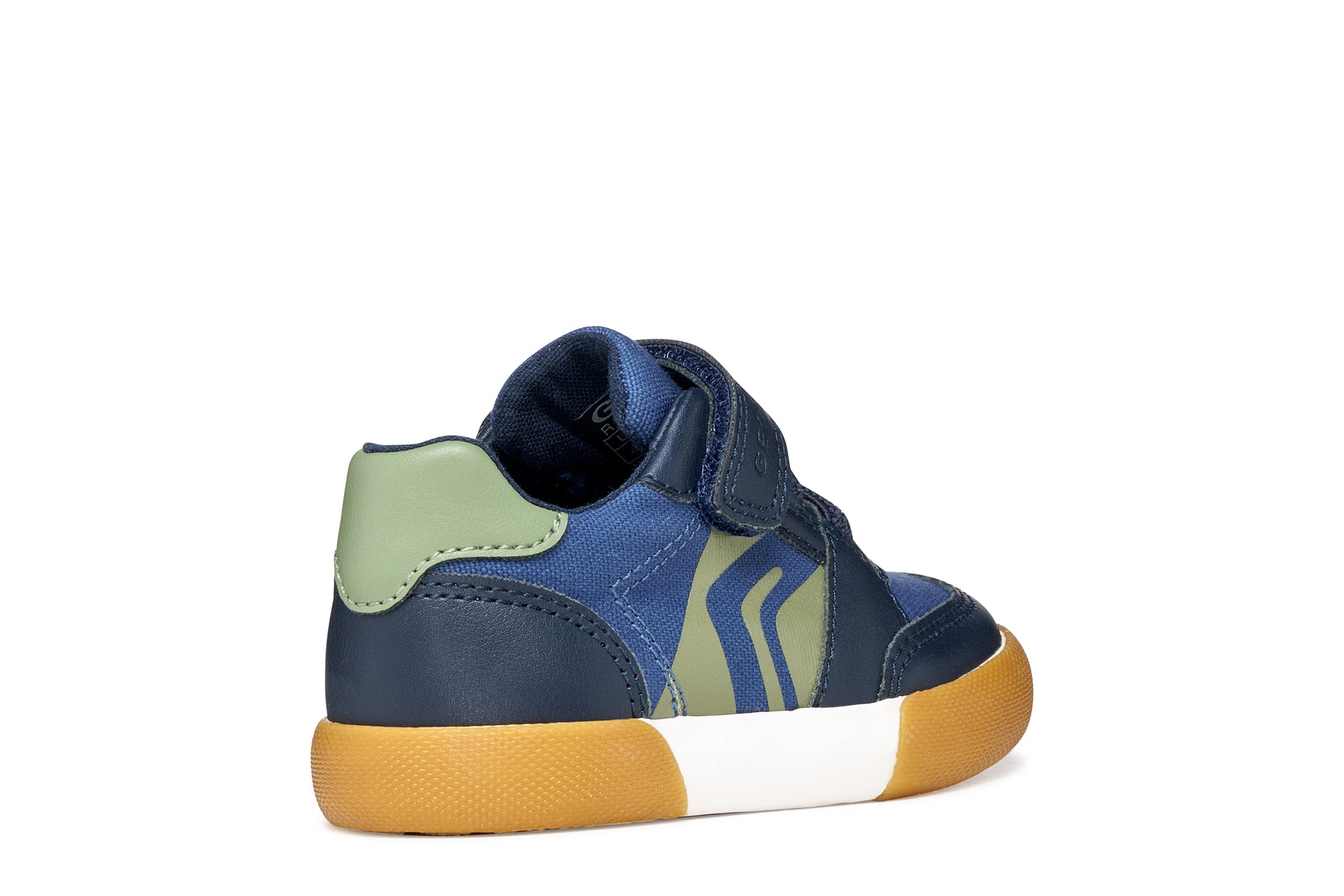 A boys casual shoe by Geox, style Gisli Boy in navy/olive with velcro strap and elastic laces with olive green pattern on side. Outer back view