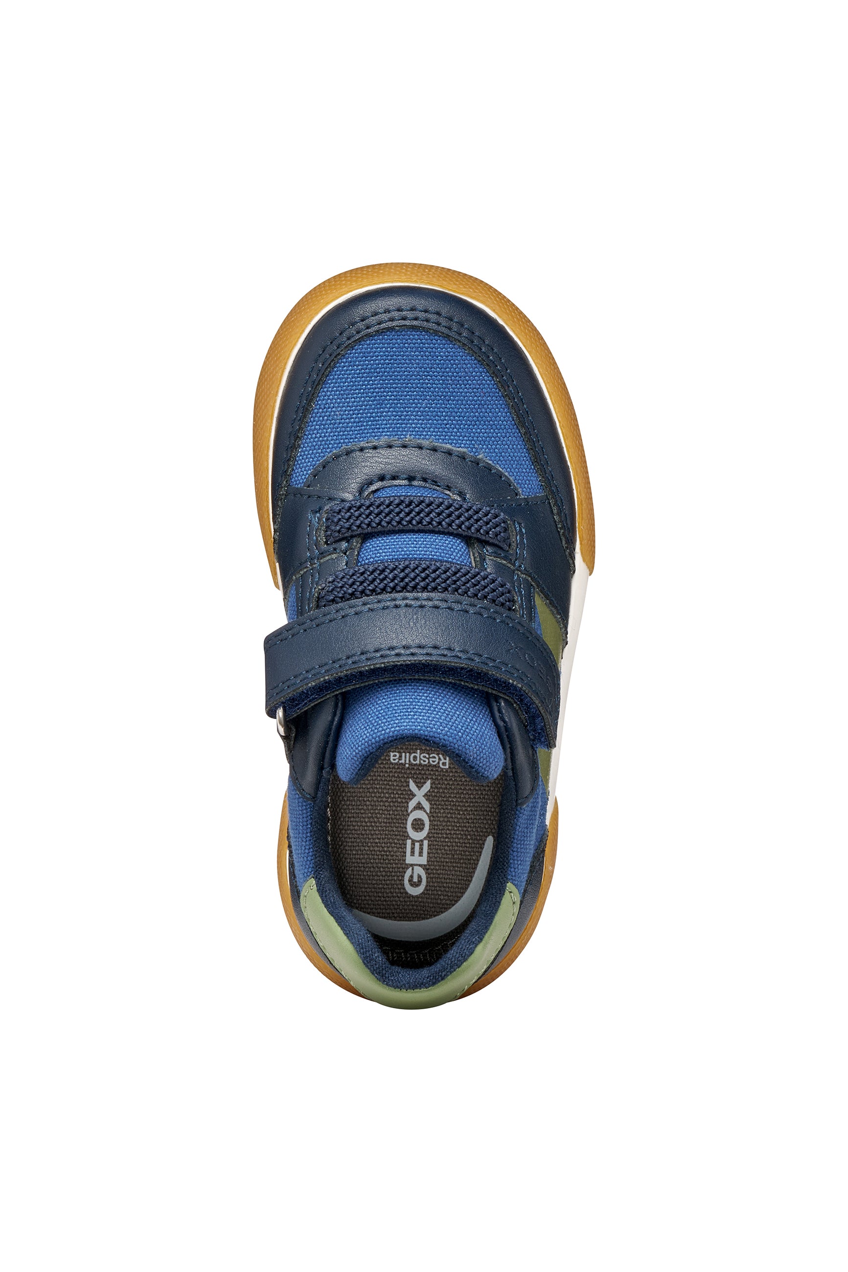 A boys casual shoe by Geox, style Gisli Boy in navy/olive with velcro strap and elastic laces with olive green pattern on side. Top view