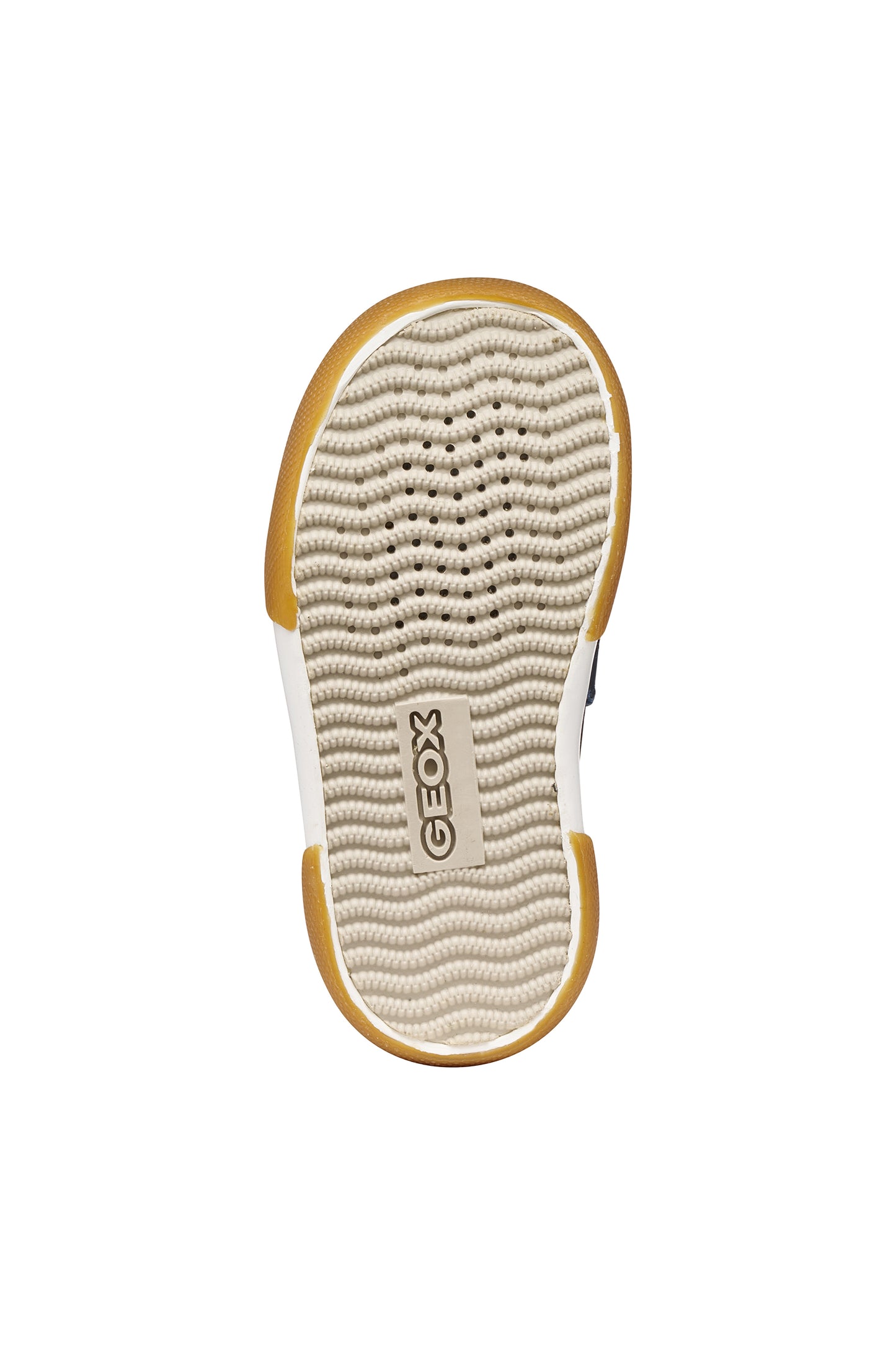 A boys casual shoe by Geox, style Gisli Boy in navy/olive with velcro strap and elastic laces with olive green pattern on side. View of sole with breathable holes