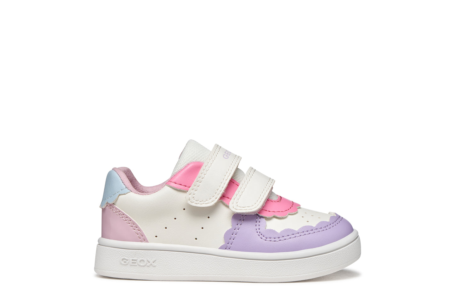 A girls trainer by Geox, stye Eclyper Girl in optic white/lilac with two velcro straps and blue/pink/lilac detailing. Right side view