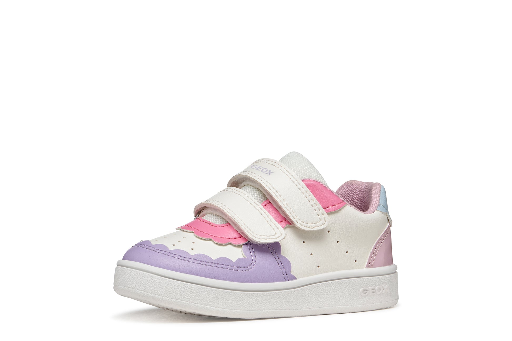 A girls trainer by Geox, stye Eclyper Girl in optic white/lilac with two velcro straps and blue/pink/lilac detailing. Left side view