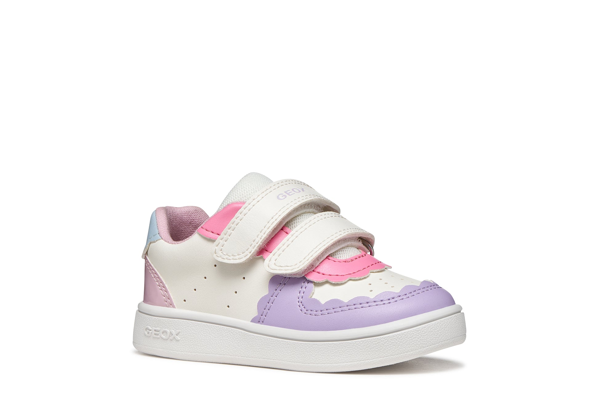 A girls trainer by Geox, stye Eclyper Girl in optic white/lilac with two velcro straps and blue/pink/lilac detailing. Right side view