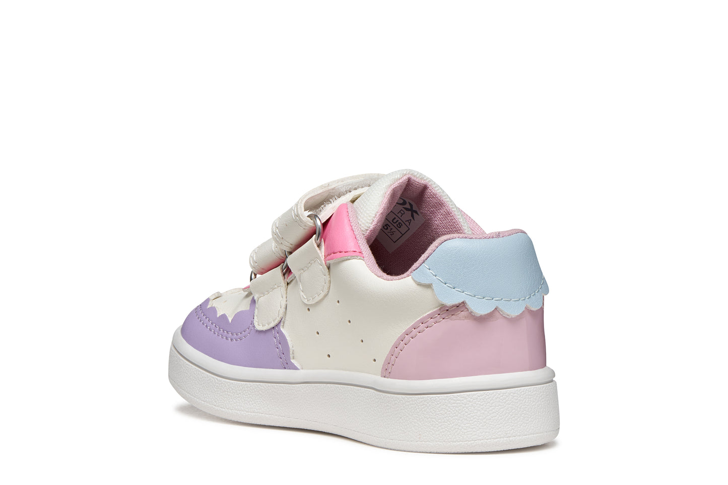 A girls trainer by Geox, stye Eclyper Girl in optic white/lilac with two velcro straps and blue/pink/lilac detailing. Inner back view