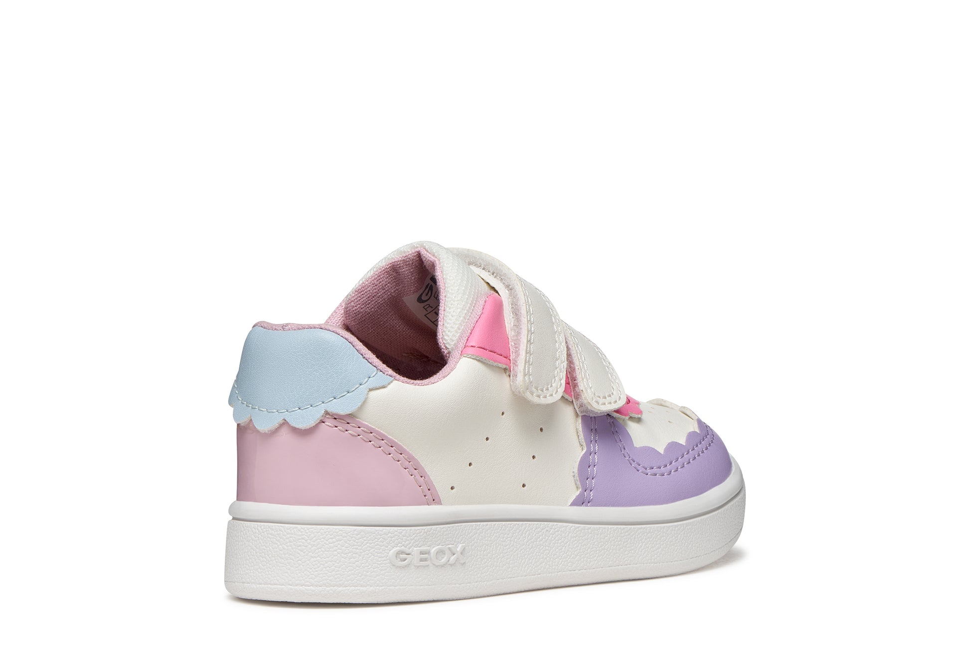 A girls trainer by Geox, stye Eclyper Girl in optic white/lilac with two velcro straps and blue/pink/lilac detailing. Outer back view