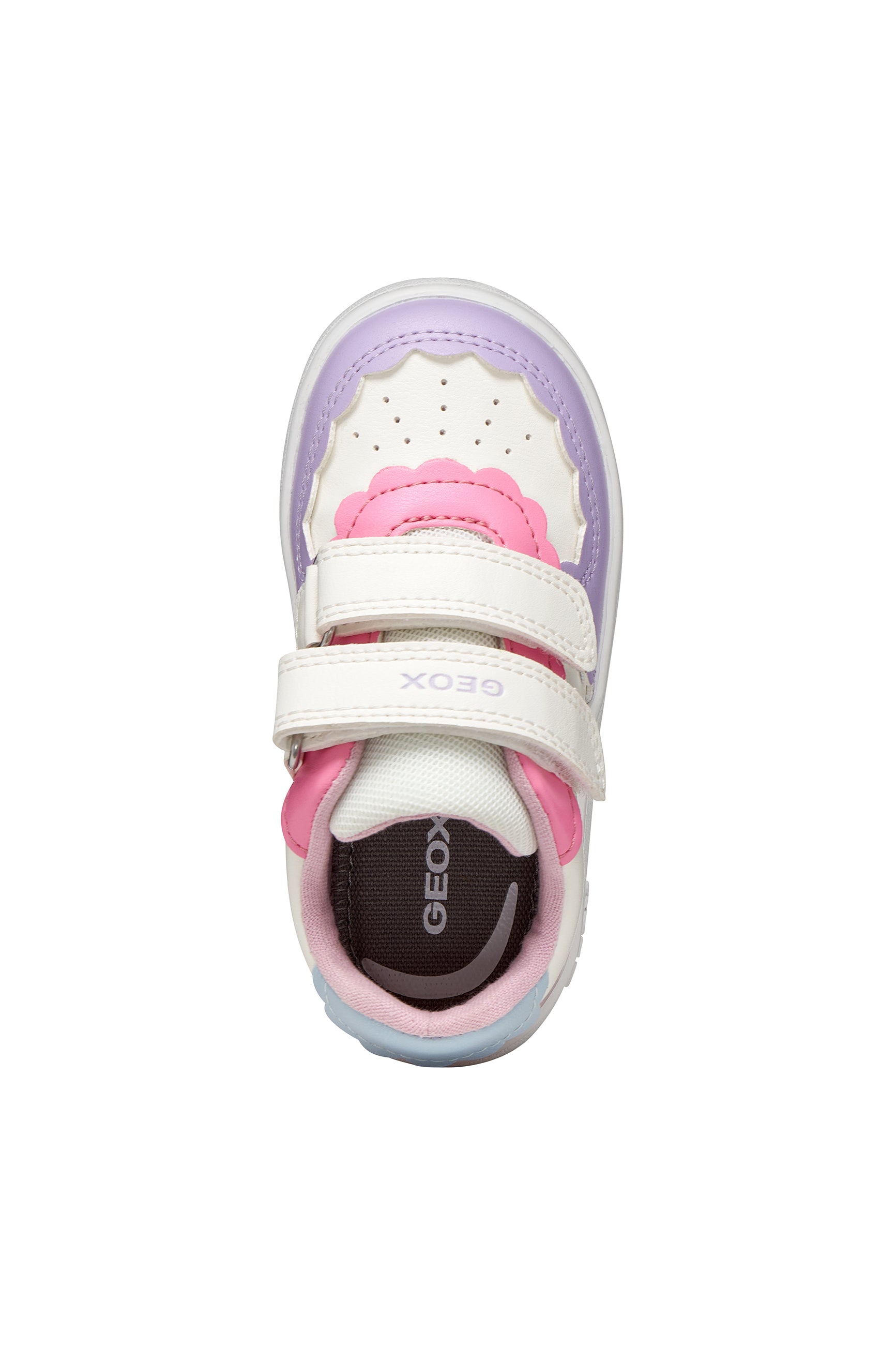 A girls trainer by Geox, stye Eclyper Girl in optic white/lilac with two velcro straps and blue/pink/lilac detailing. Top view