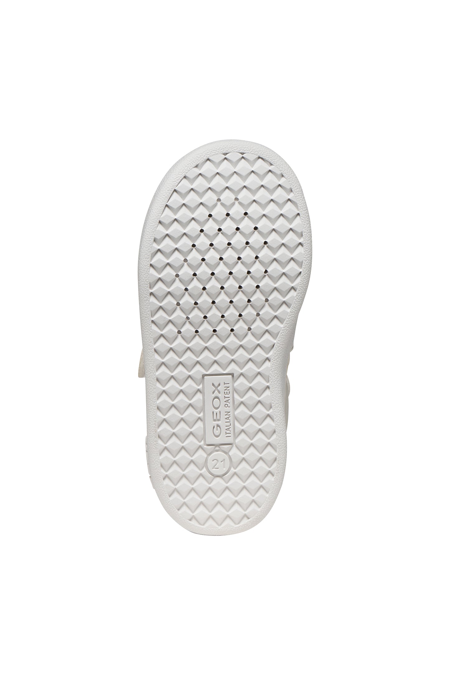 A girls trainer by Geox, stye Eclyper Girl in optic white/lilac with two velcro straps and blue/pink/lilac detailing. View of sole with breathable holes