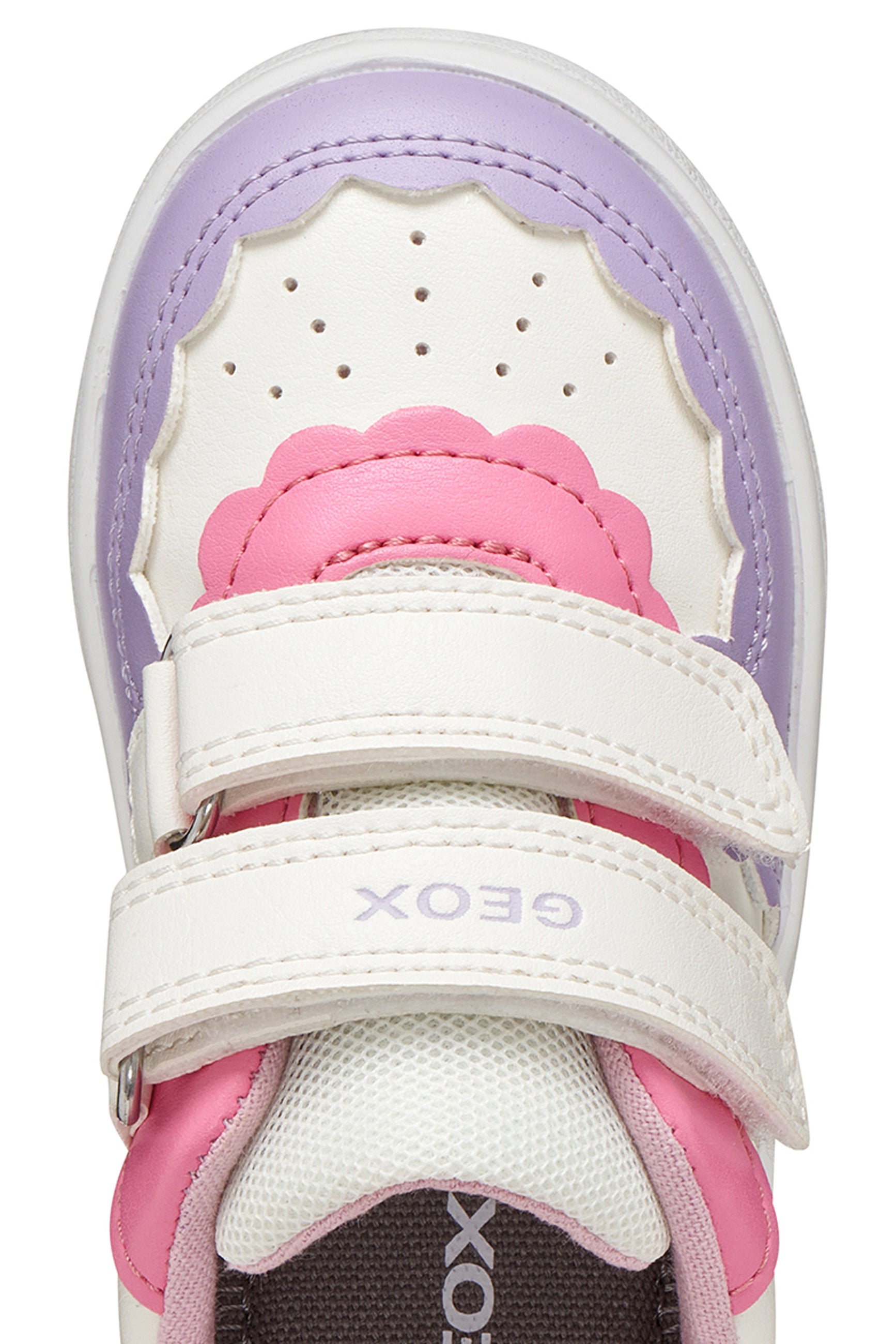 A girls trainer by Geox, stye Eclyper Girl in optic white/lilac with two velcro straps and blue/pink/lilac detailing. Zoomed view of straps and top