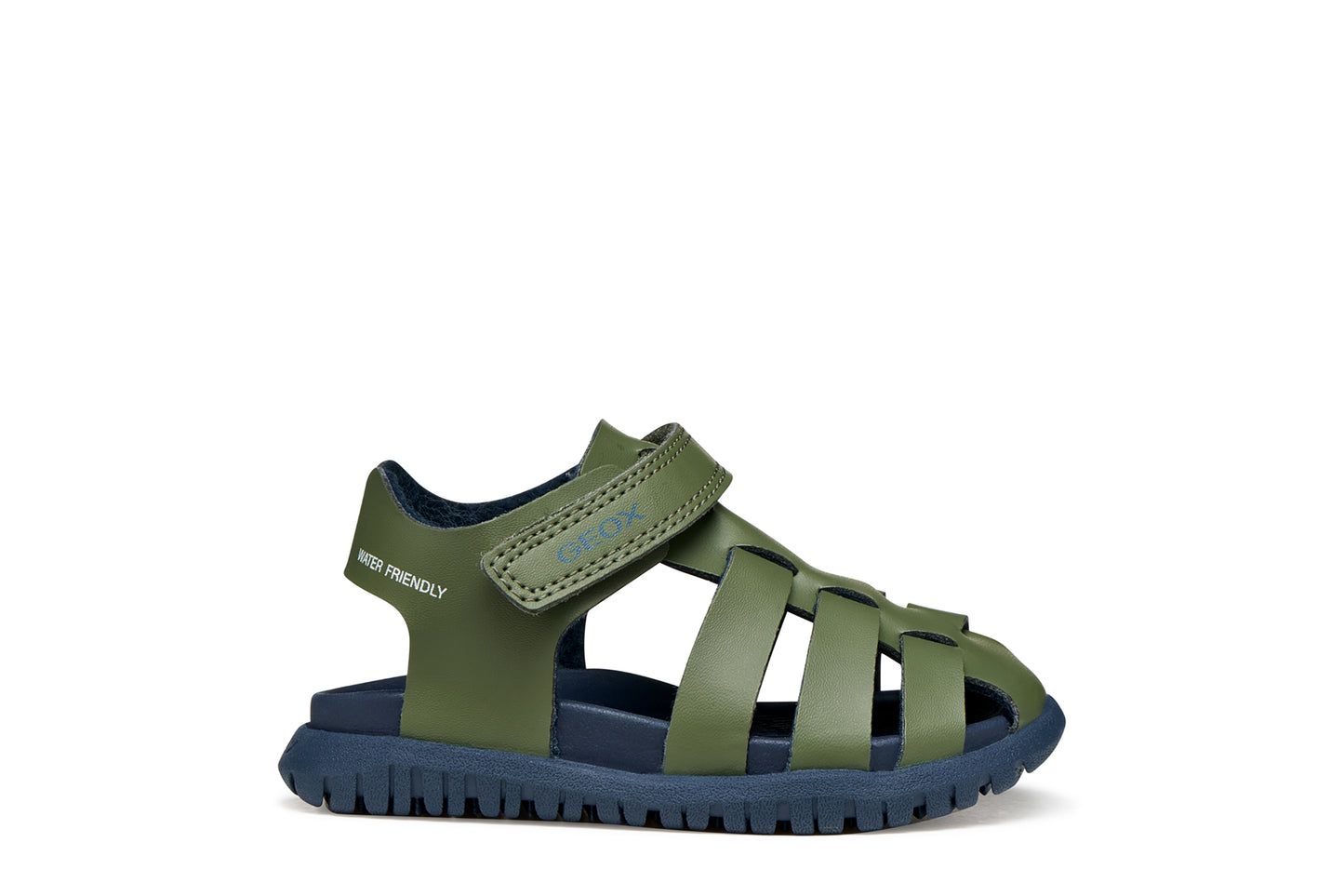 A boys sandal by Geox, style Fusbetto in sage/navy with sage body and navy sole. Right side view