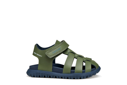A boys sandal by Geox, style Fusbetto in sage/navy with sage body and navy sole. Right side view