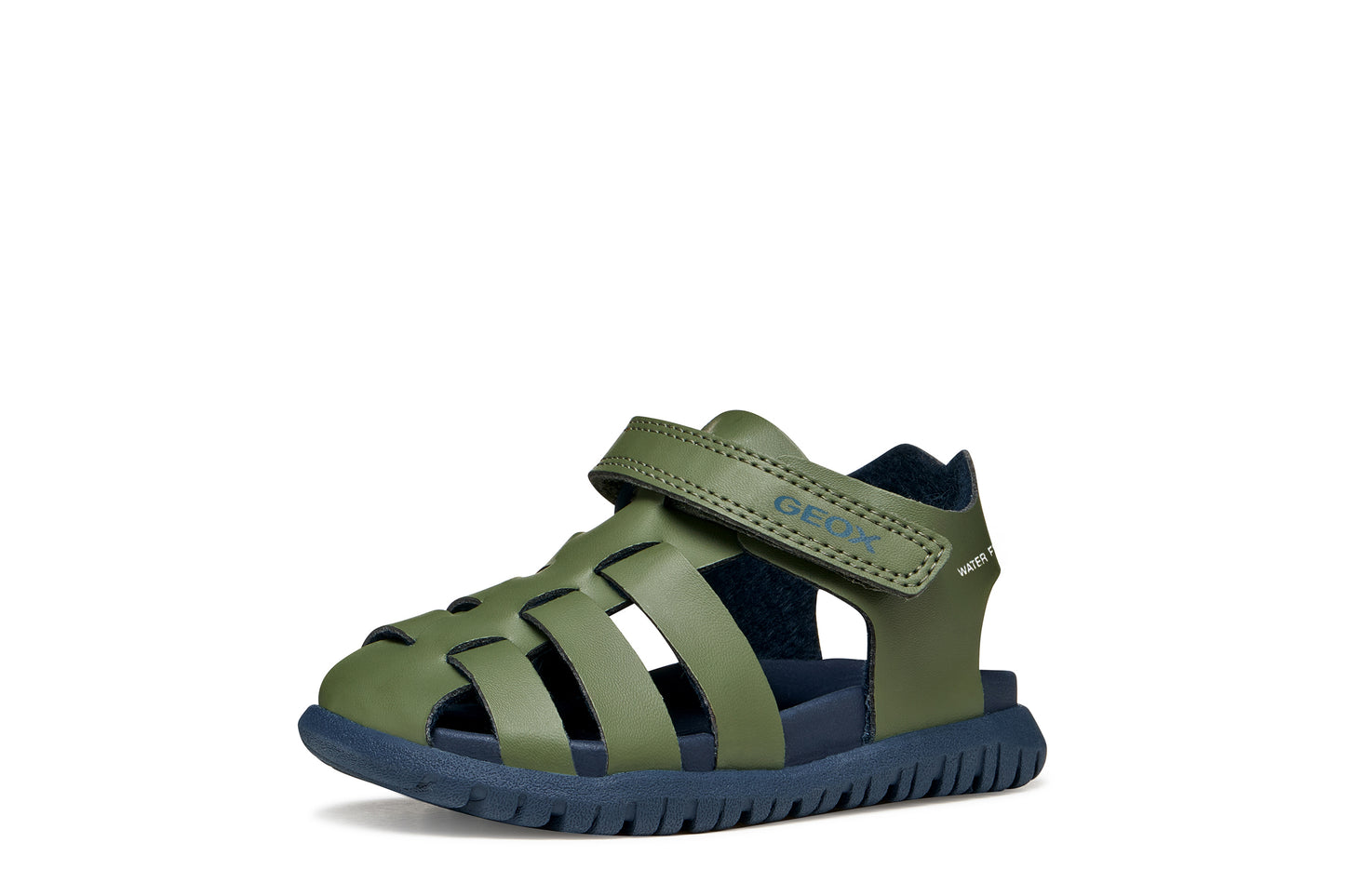 A boys sandal by Geox, style Fusbetto in sage/navy with sage body and navy sole. Left side view