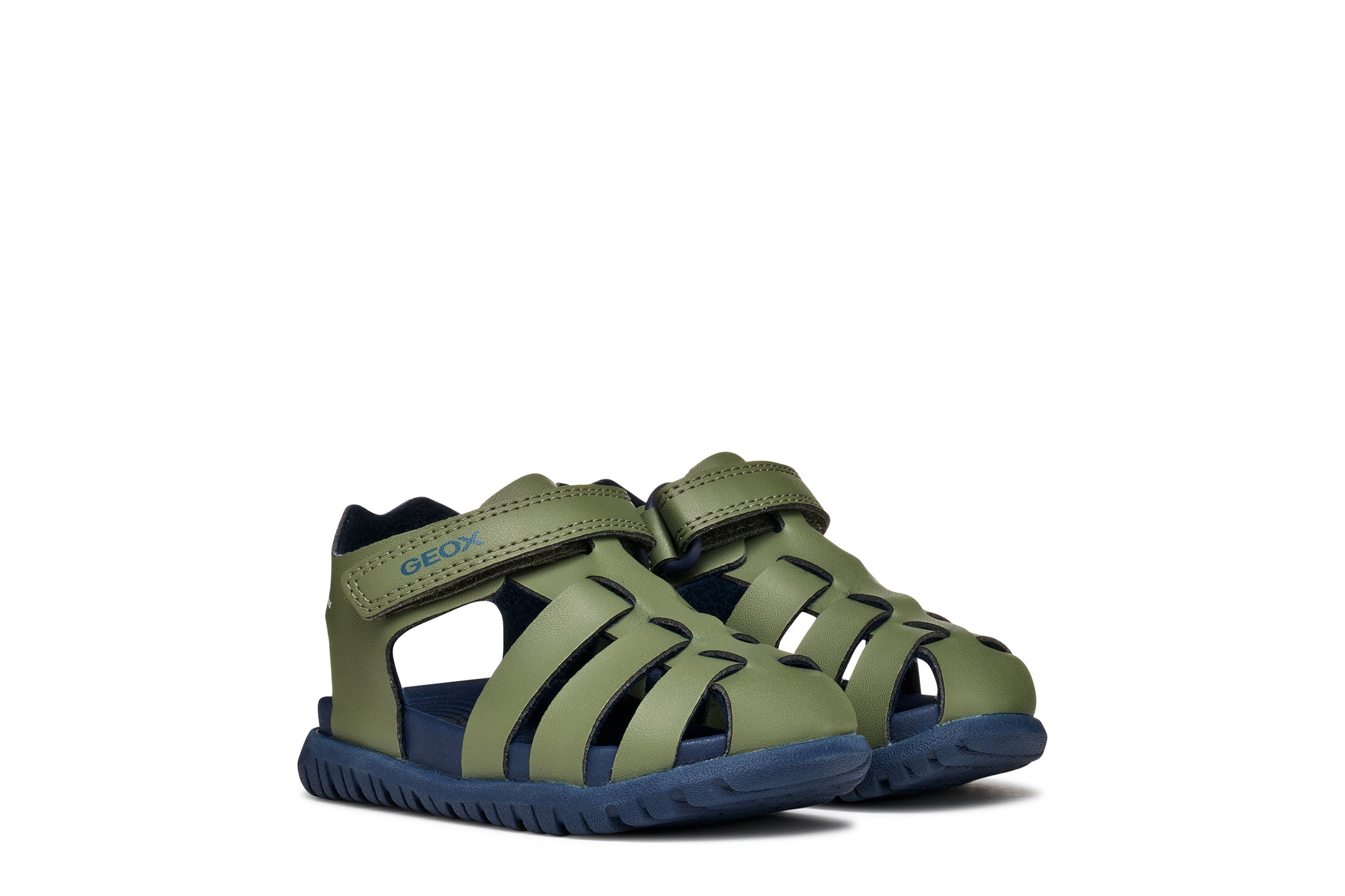 A boys sandal by Geox, style Fusbetto in sage/navy with sage body and navy sole. Side view of pair
