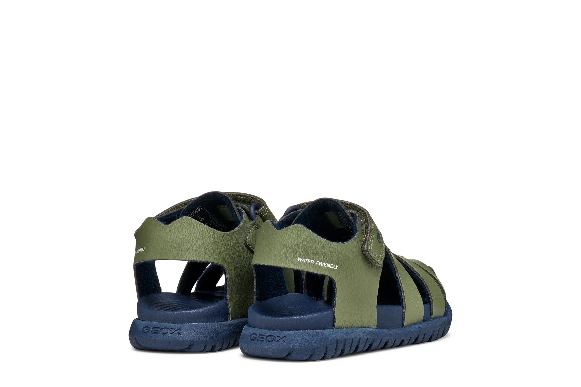 A boys sandal by Geox, style Fusbetto in sage/navy with sage body and navy sole. Back view of pair