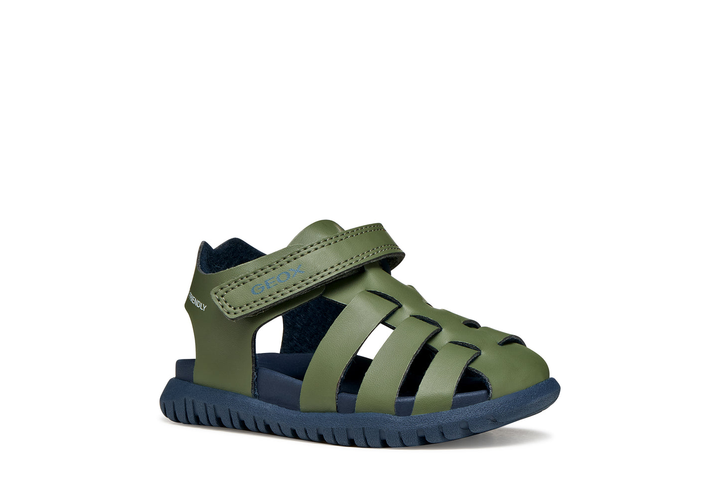 A boys sandal by Geox, style Fusbetto in sage/navy with sage body and navy sole. Right side view