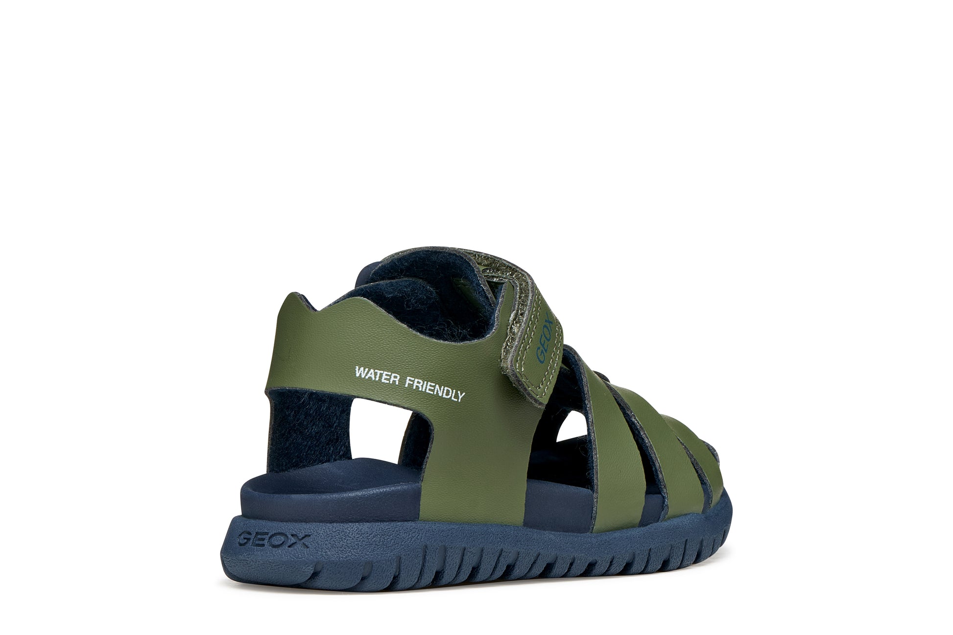 A boys sandal by Geox, style Fusbetto in sage/navy with sage body and navy sole. Outer back view