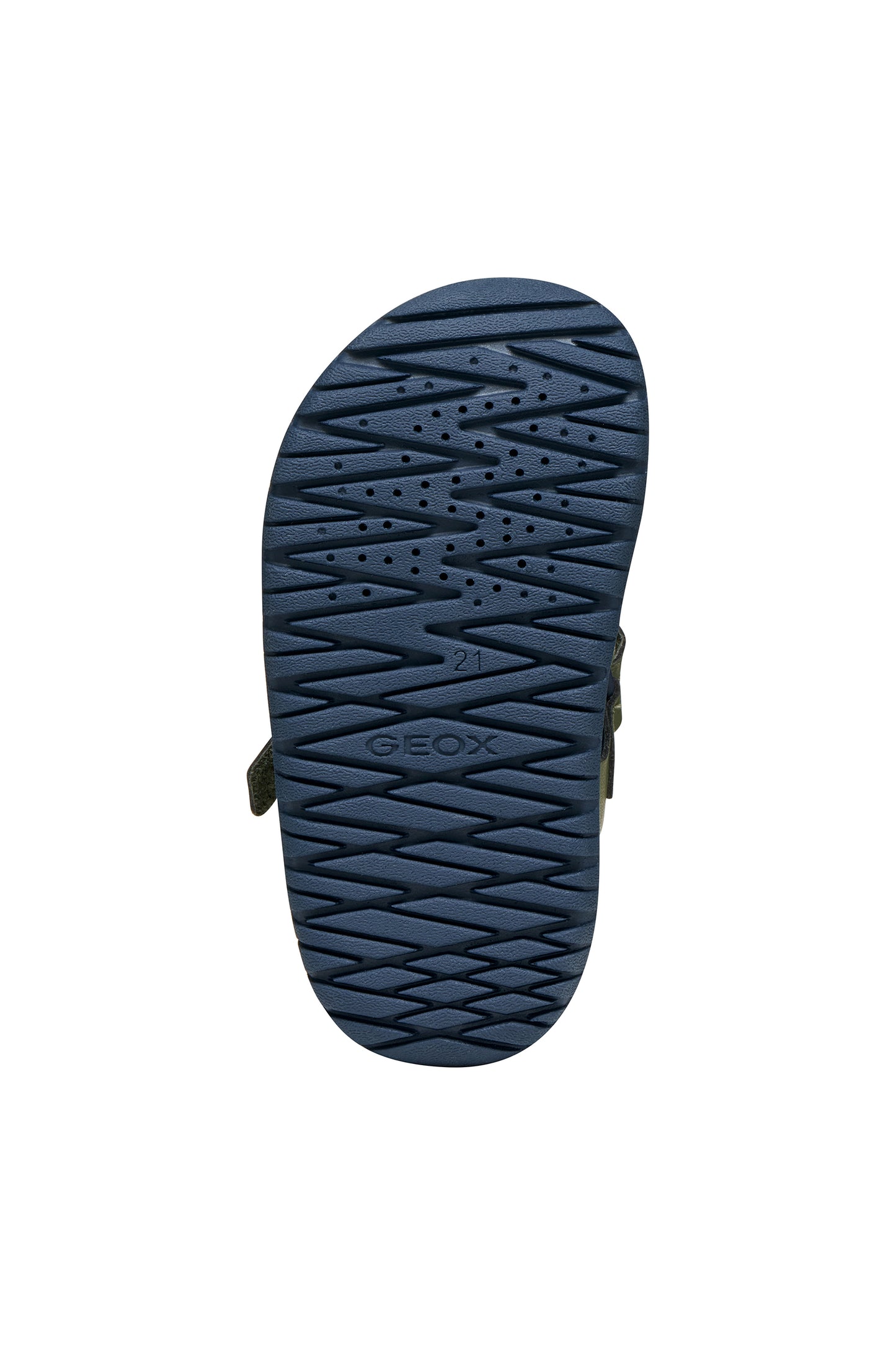 A boys sandal by Geox, style Fusbetto in sage/navy with sage body and navy sole. View of sole with breathable holes