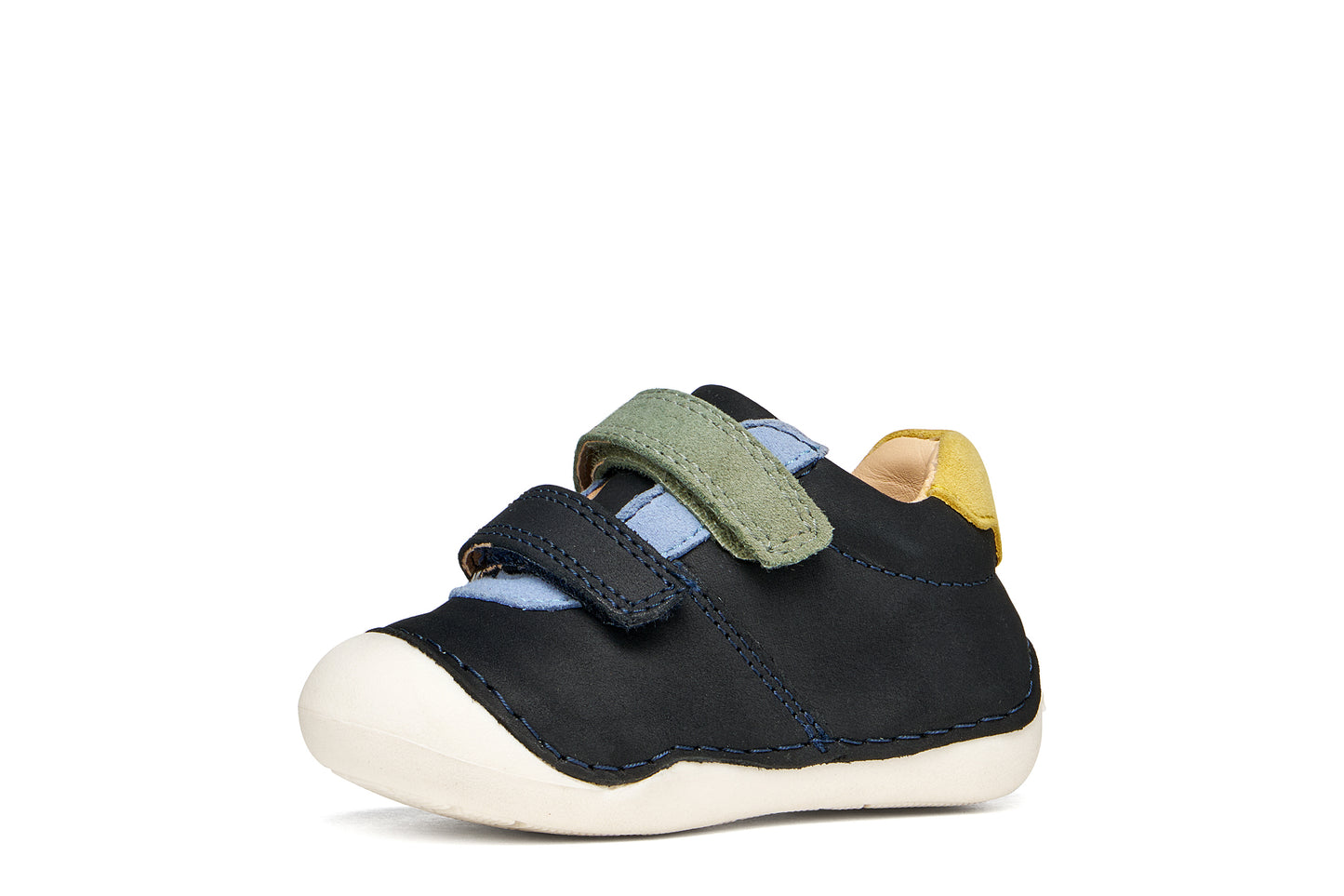 A boys pre-walker shoe by Geox, style Tutim in navy/dark sky with two velcro straps, toe and heel bumpers and yellow, green and blue details. left side view
