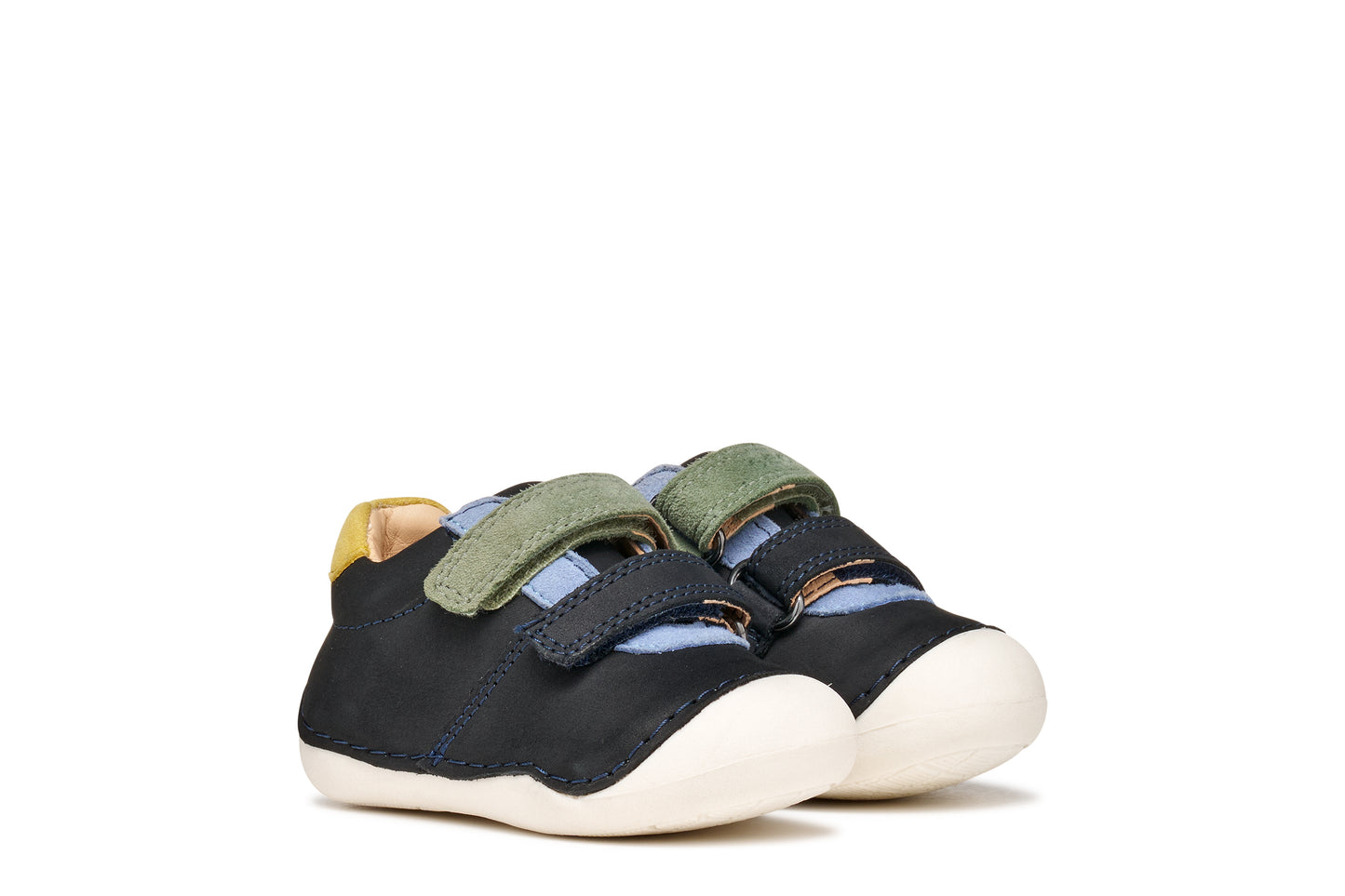 A boys pre-walker shoe by Geox, style Tutim in navy/dark sky with two velcro straps, toe and heel bumpers and yellow, green and blue details. Side view of pair