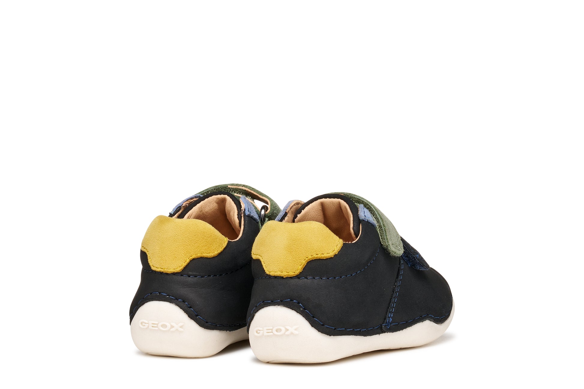 A boys pre-walker shoe by Geox, style Tutim in navy/dark sky with two velcro straps, toe and heel bumpers and yellow, green and blue details. back view of pair
