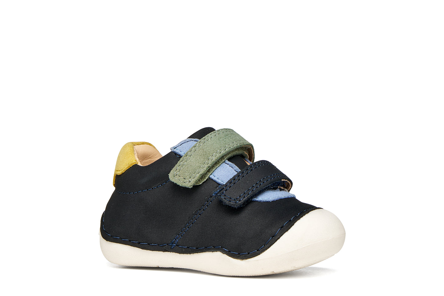 A boys pre-walker shoe by Geox, style Tutim in navy/dark sky with two velcro straps, toe and heel bumpers and yellow, green and blue details. Right side view