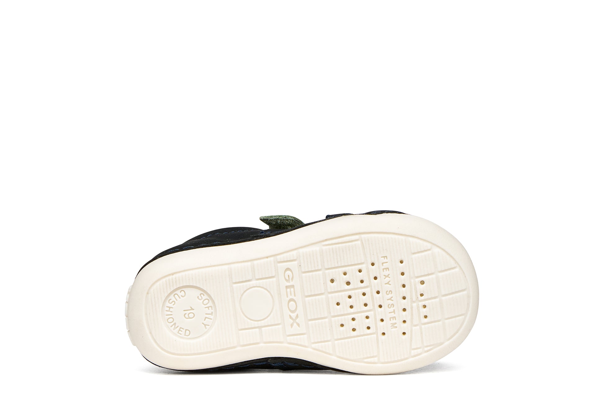 A boys pre-walker shoe by Geox, style Tutim in navy/dark sky with two velcro straps, toe and heel bumpers and yellow, green and blue details. View of sole with breathable holes
