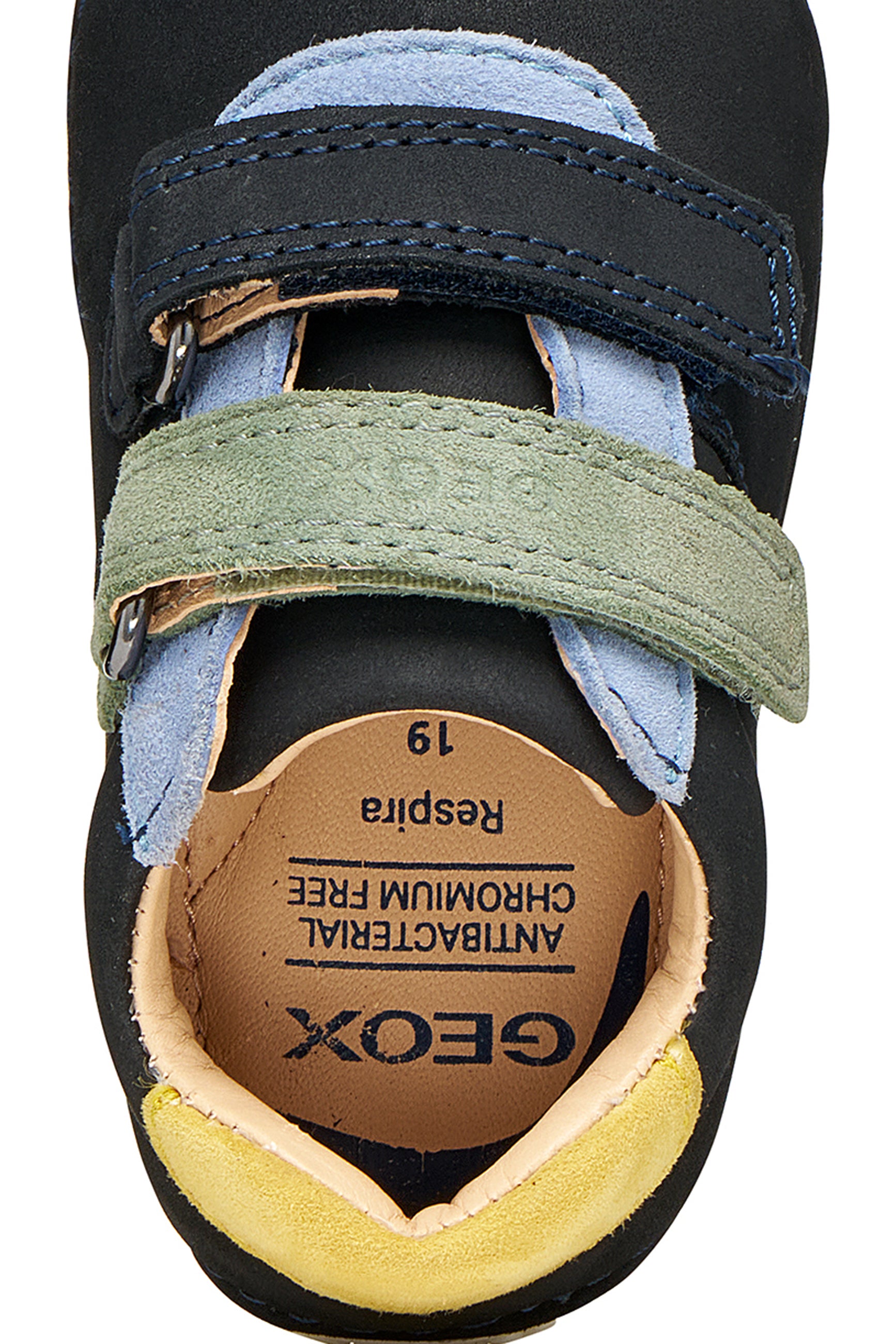 A boys pre-walker shoe by Geox, style Tutim in navy/dark sky with two velcro straps, toe and heel bumpers and yellow, green and blue details. Zoomed view 