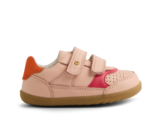 A girls casual shoe by Bobux, style Hunter in pink with bright pink and orange trim and velcro fastening. Right side view.