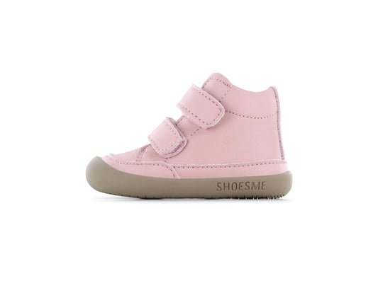 A girls ankle boot by Shoesme, style BF24W015-I1, in pink leather with toe bumper and double velcro fastening. Right side view.