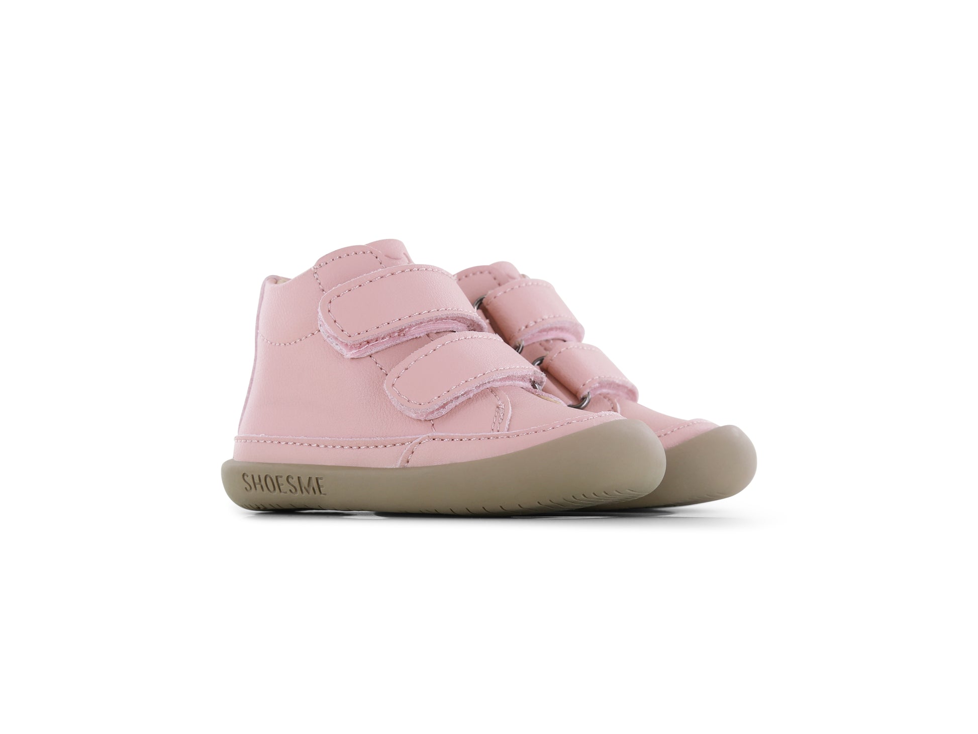 A girls ankle boot by Shoesme, style BF24W015-I1, in pink leather with toe bumper and double velcro fastening. Right side view of pair.