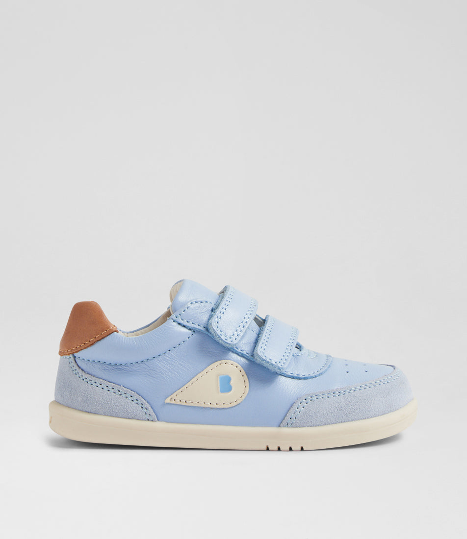 A unisex casual shoe by Bobux, style Champ (I-Walk) in Skyway with two velcro stras, brown back ankle detail amd white sole. Right side view