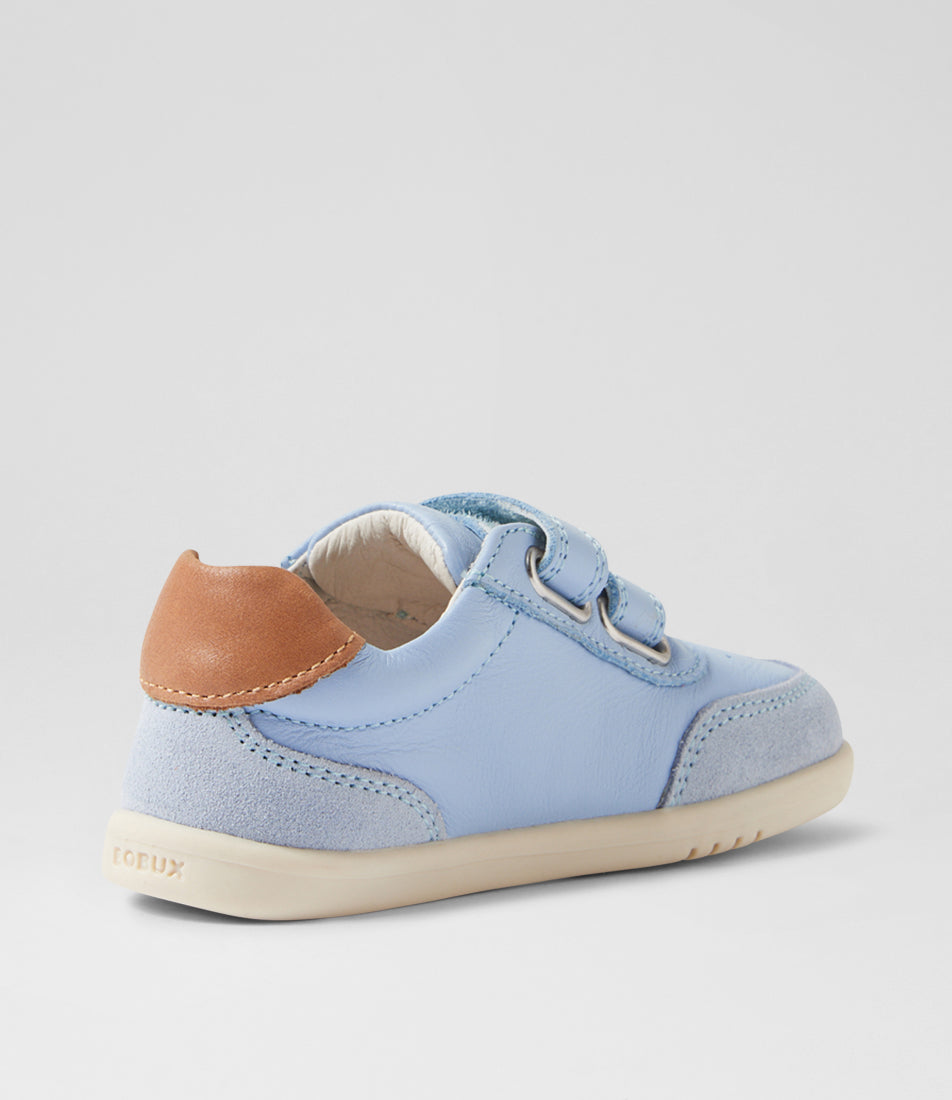 A unisex casual shoe by Bobux, style Champ (I-Walk) in Skyway with two velcro stras, brown back ankle detail amd white sole. Angled back view