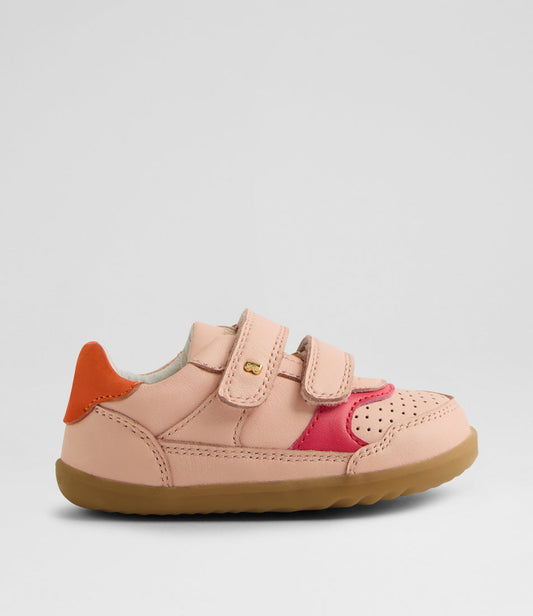 A girls casual shoe by Bobux, style Hunter (Step Up) in Cameo Rose/Nasturtium with two velcro straps and light brown sole. Right side view