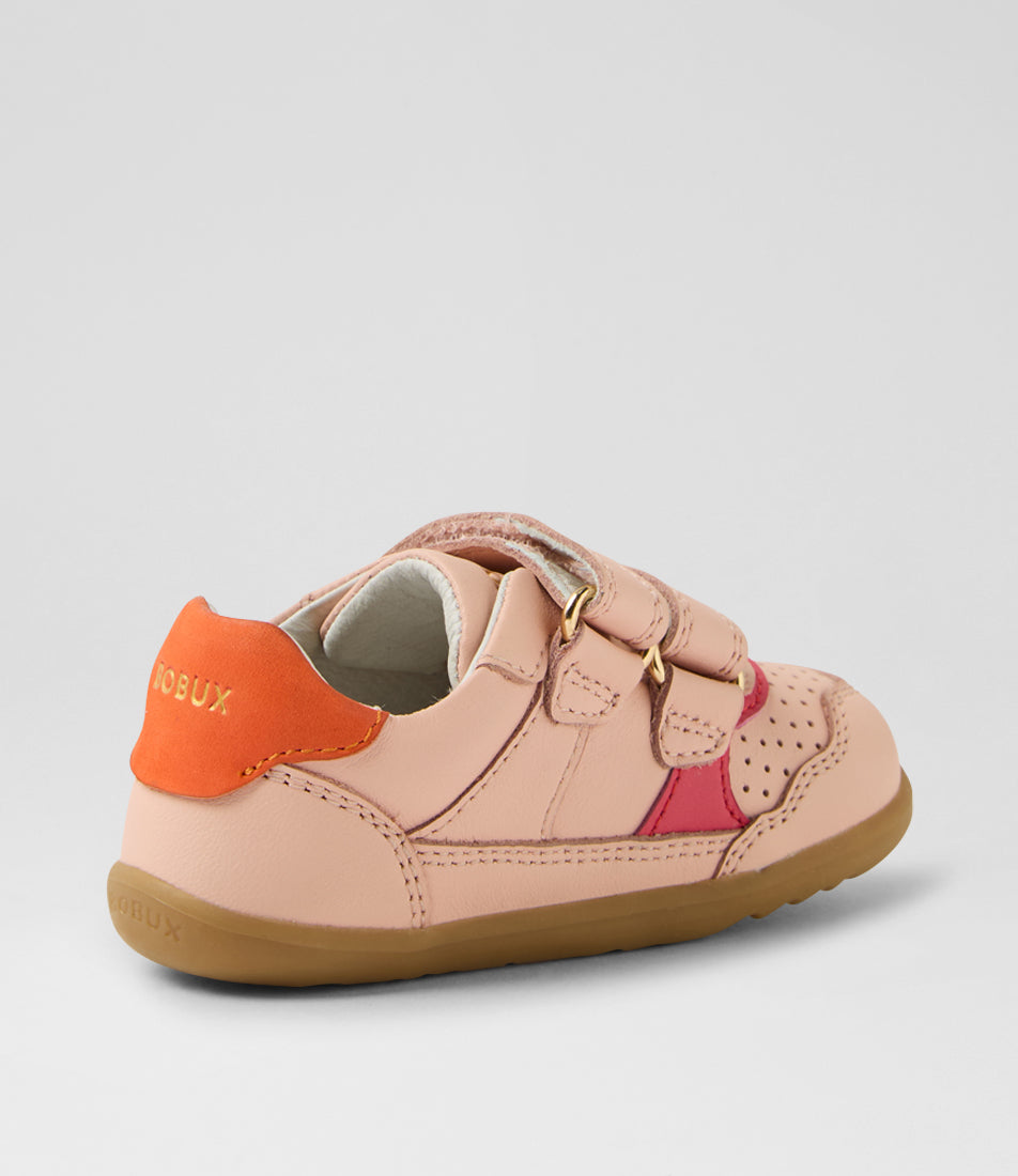 A girls casual shoe by Bobux, style Hunter (Step Up) in Cameo Rose/Nasturtium with two velcro straps and light brown sole. Angled back view