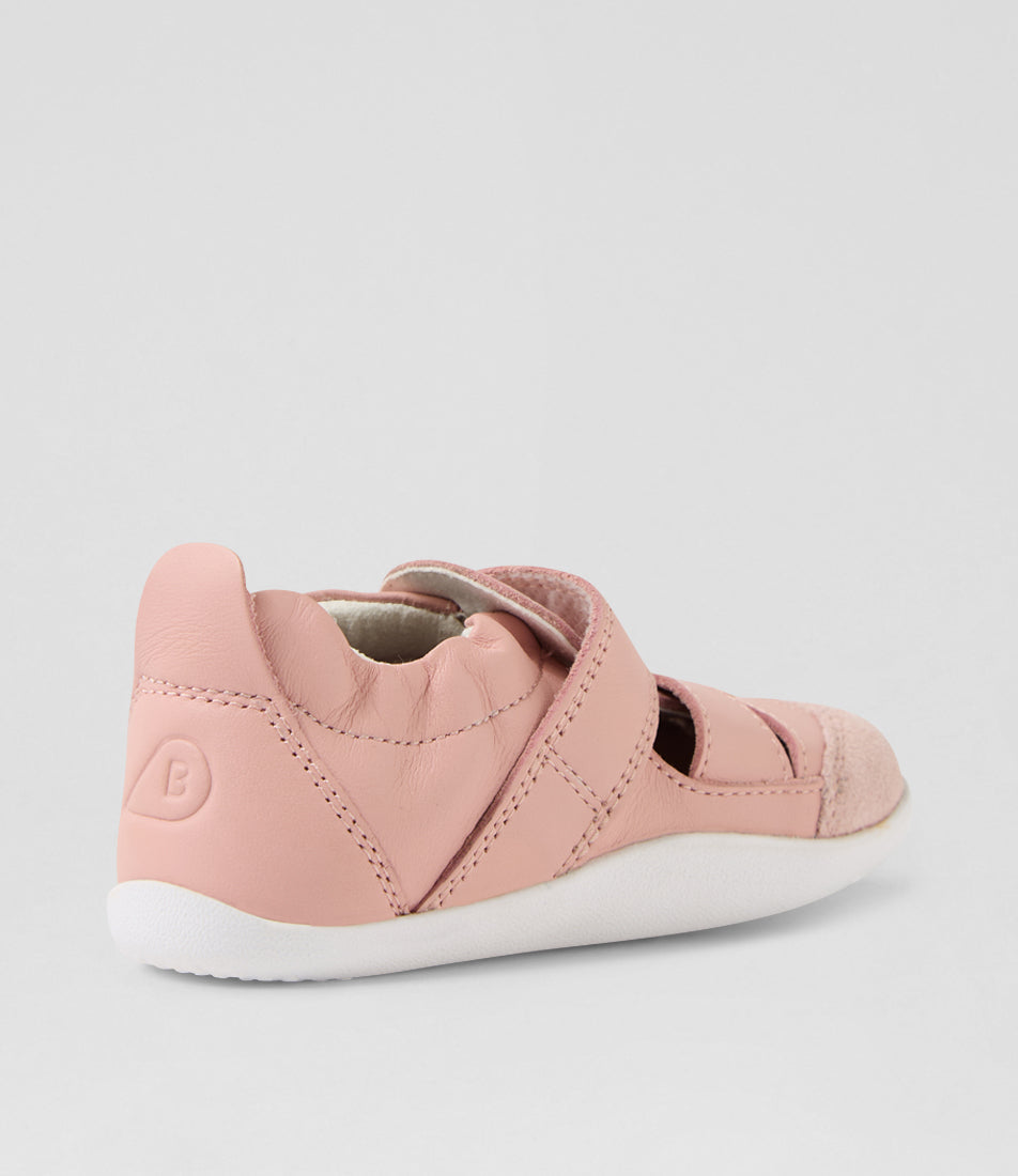 A girls pre-walker shoe, style Maris in pink. Sandal style with velcro strap and elasticated ankle. Back view