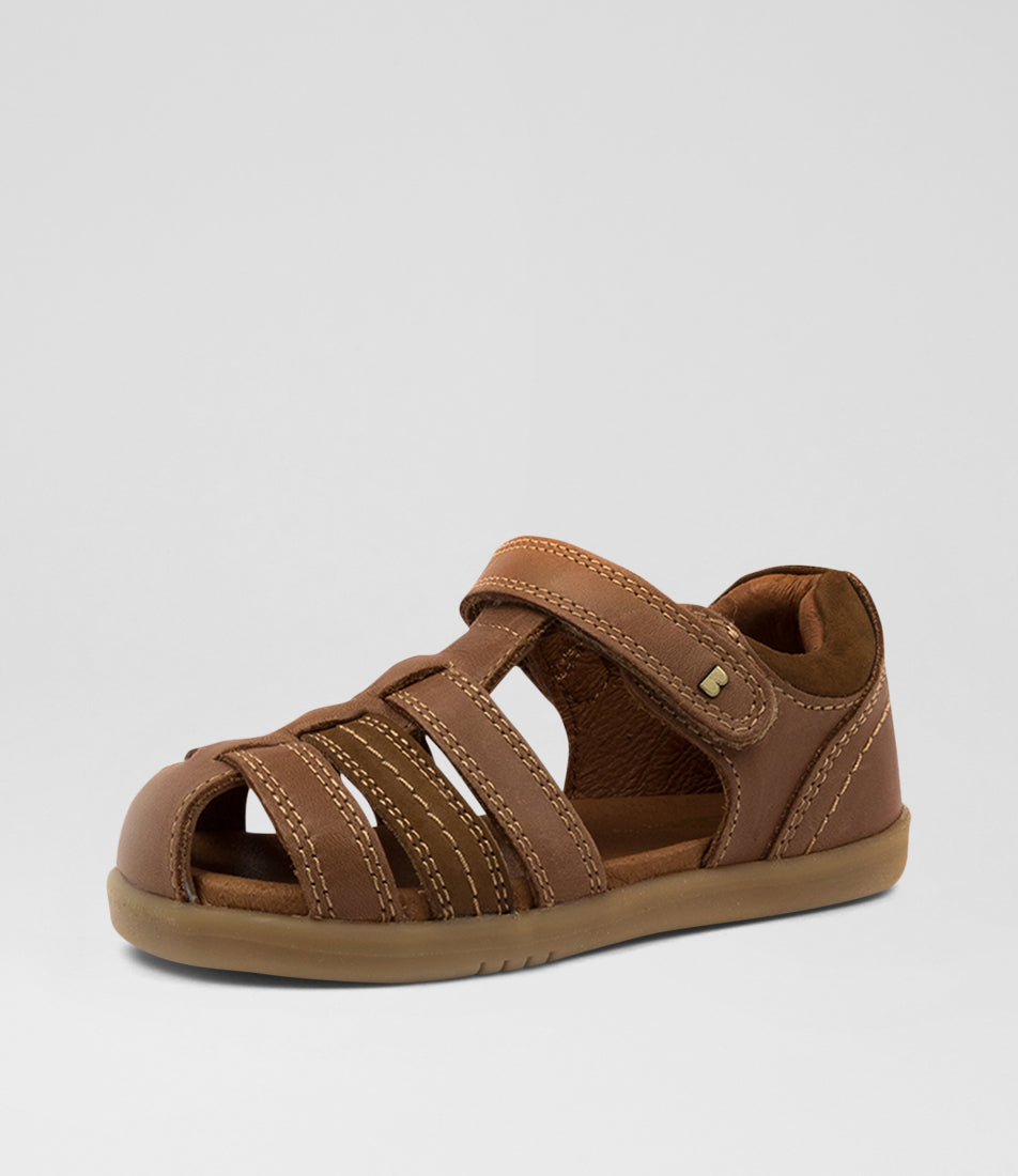 A unisex sandal by Bobux, style Roam (I-Walk) in Caramel with velcro strap. Angled left side view
