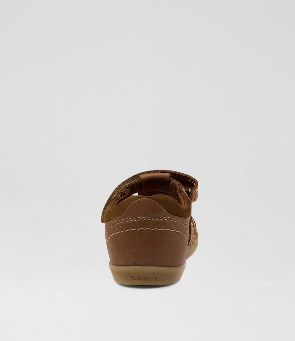 A unisex sandal by Bobux, style Roam (I-Walk) in Caramel with velcro strap. Back view