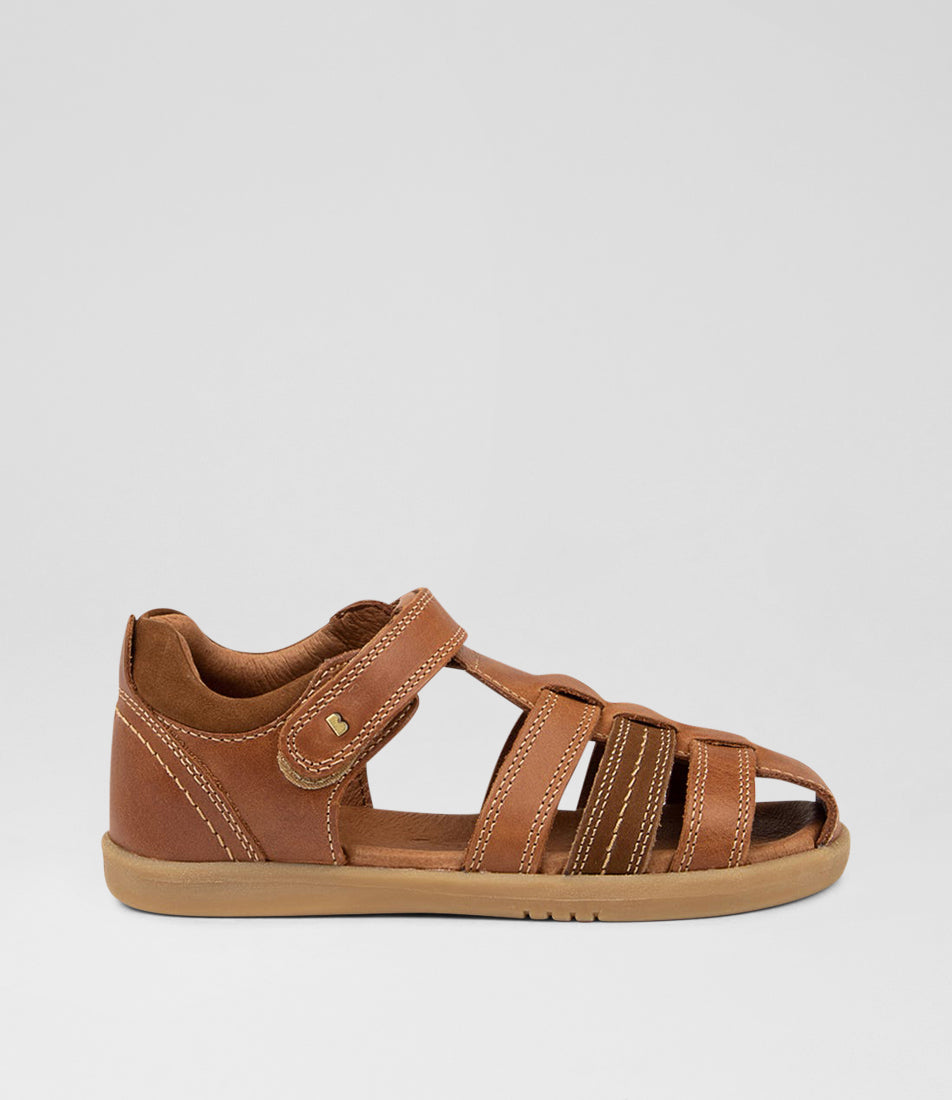 A unisex sandal by Bobux, style Roam in Caramel with velcro strap. Right side view