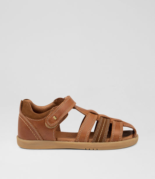 A unisex sandal by Bobux, style Roam in Caramel with velcro strap. Right side view