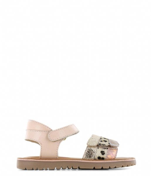 A girl's open toe sandal by Shoesme, style CA24S034-A, in pink and gold animal print leather with velcro fastening. Right side view.
