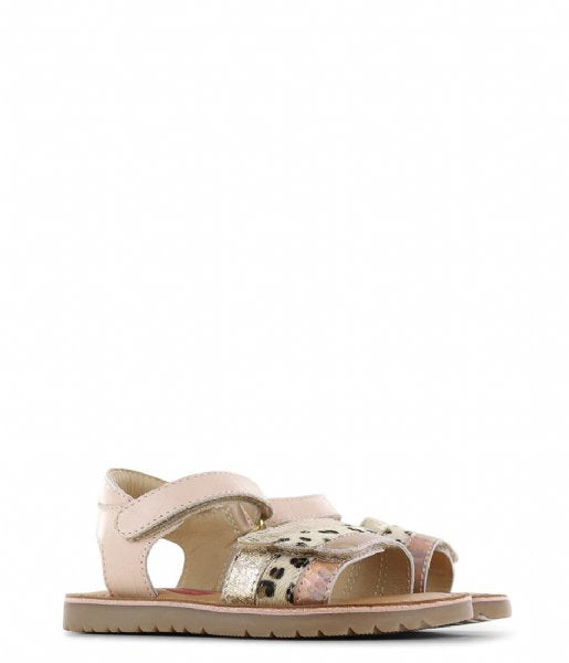 A pair of girl's open toe sandals by Shoesme, style CA24S034-A, in pink and gold animal print leather with velcro fastening. Right side view.