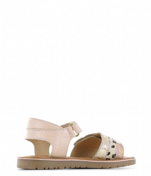 A girl's open toe sandal by Shoesme, style CA24S034-A, in pink and gold animal print leather with velcro fastening. Angled left side view.