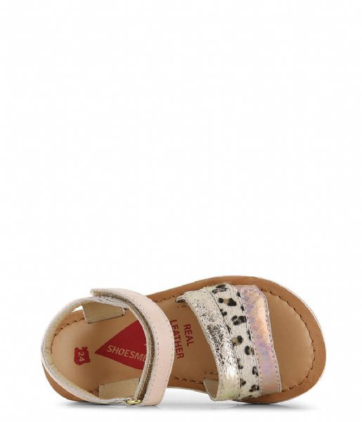 A girl's open toe sandal by Shoesme, style CA24S034-A, in pink and gold animal print leather with velcro fastening. Front view.