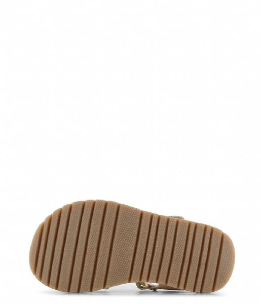 A girl's open toe sandal by Shoesme, style CA24S034-A, in pink and gold animal print leather with velcro fastening. View of sole.