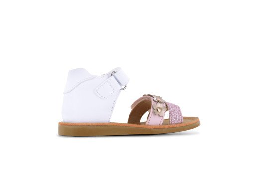 A girls open toe closed back sandal by Shoesme, style CS23S007-C, in white and rose gold with rose gold heart detail to the right side and flower detail to one of the straps. Velcro fastening. Left side view.