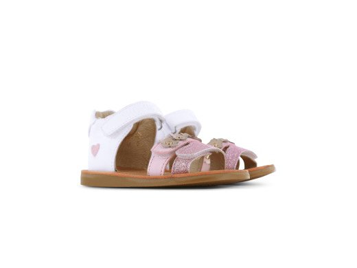 A pair of girls open toe closed back sandals by Shoesme, style CS23S007-C, in white and rose gold with rose gold heart detail to the right side and flower detail to one of the straps. Velcro fastening. Right side view.